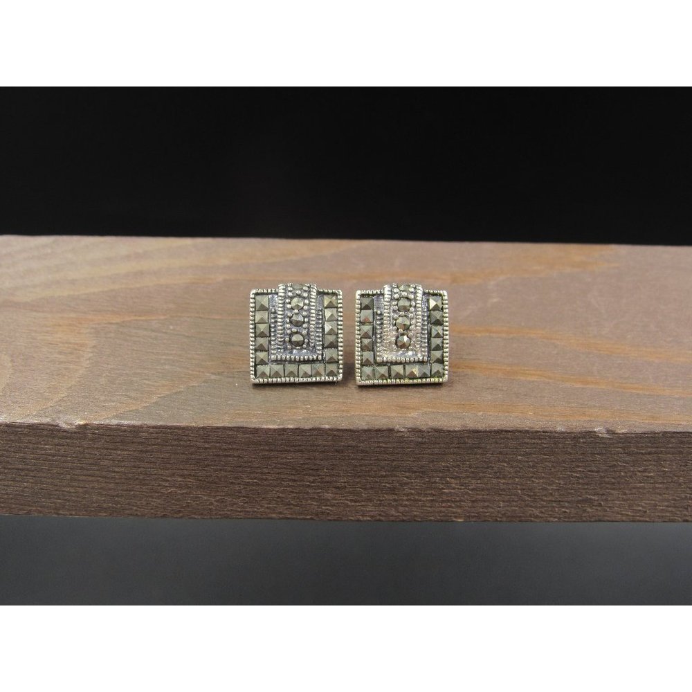 Sterling Silver Square Shape Marcasite Stone Stud Earrings Vintage Wedding